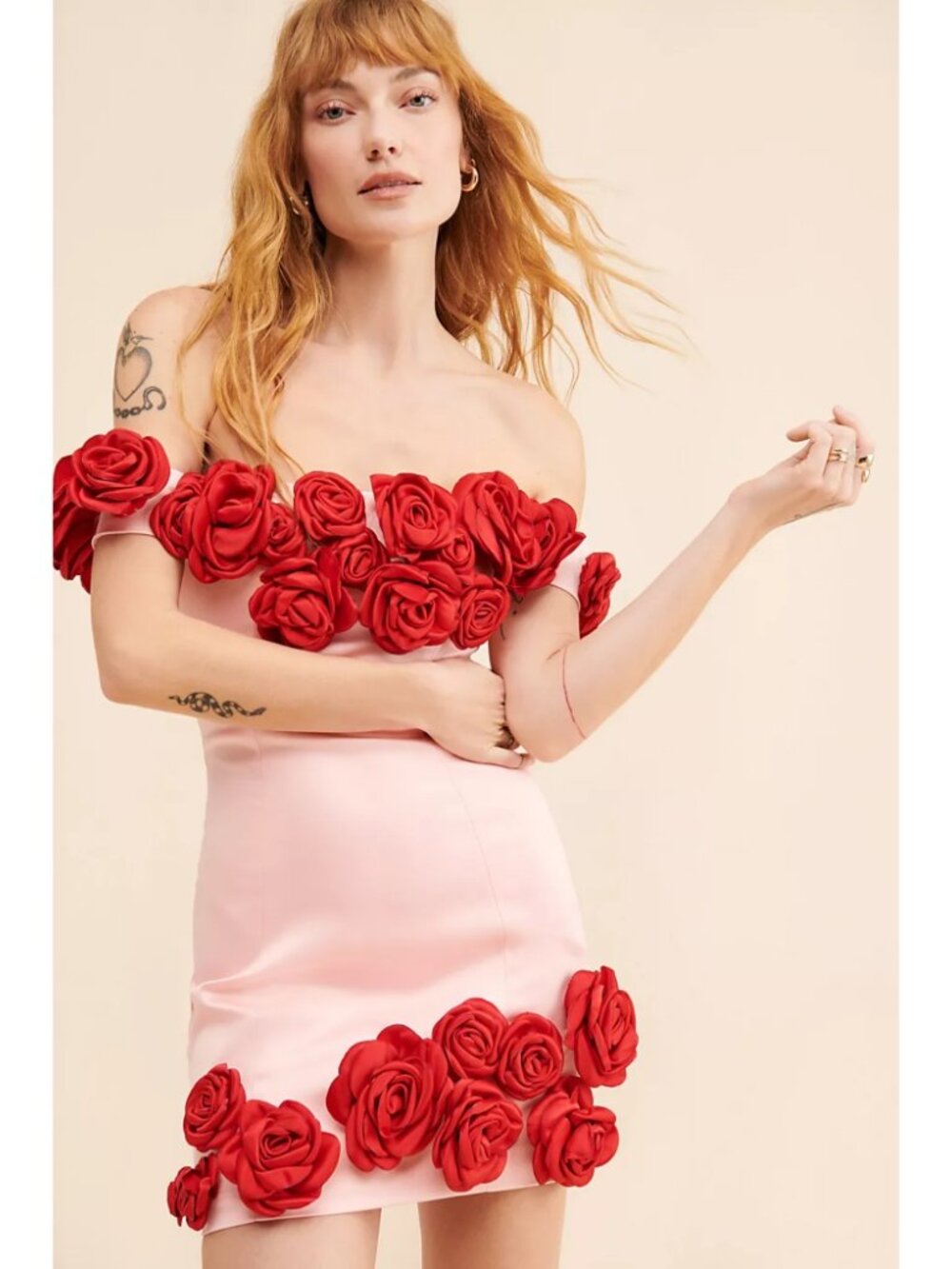 Atoir The Rosalie Mini Dress Pink & Red Floral Applique Off Shoulder Bodycon 2